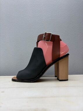 Loeffler Randal Black/Brown Leather Maisy Block Heel Peep Toe  Sandals Size 6.5